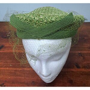 Franklin Simon Vintage‎ Woven Straw Hat Birdcage Veil Light Green Hat Ladies